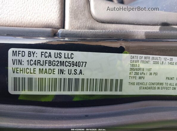 1C4RJFBG2MC594077 2021 JEEP GRAND CHEROKEE Черный Вид подкапотного пространства