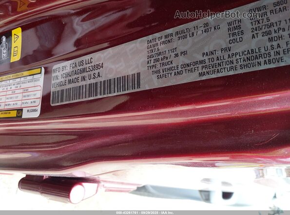 1C6HJTAG6ML538954 2021 JEEP GLADIATOR Бордовый Вид подкапотного пространства