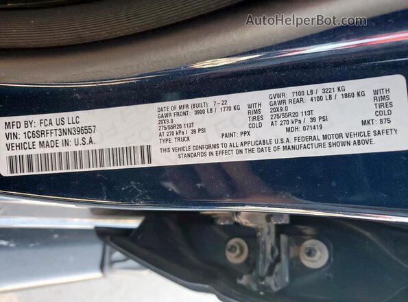 1C6SRFFT3NN396557 2022 RAM 1500 Blue VIN կոդի պիտակի տեսք