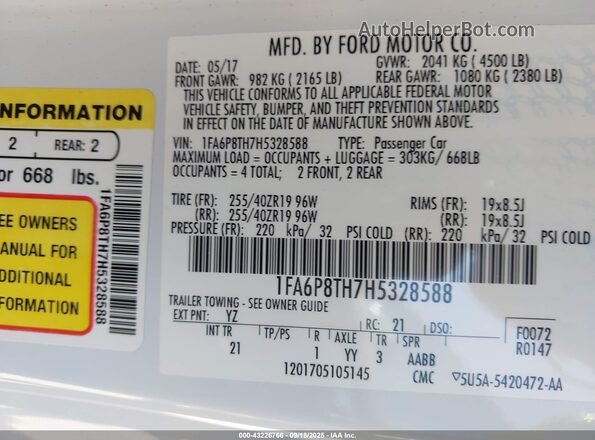 1FA6P8TH7H5328588 2017 FORD MUSTANG Белый Вид подкапотного пространства