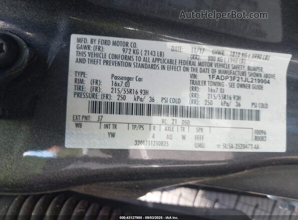 1FADP3F21JL219904 2018 FORD FOCUS Gray Շարժիչի բաժամունքի տեսք