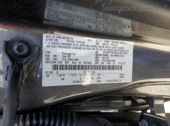 1FADP3K2XJL267939 2018 FORD FOCUS Charcoal VIN sticker view