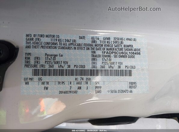 1FADP5CU6GL108498 2016 FORD C-MAX ENERGI White ძრავის განყოფილების ხედი
