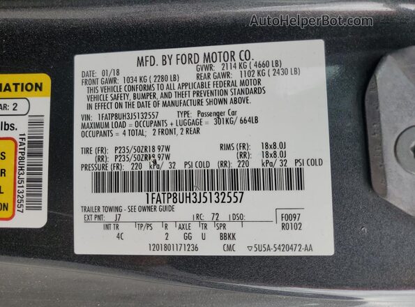 1FATP8UH3J5132557 2018 FORD MUSTANG Gray ძრავის განყოფილების ხედი