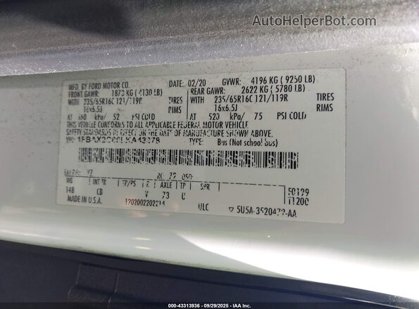 1FBAX2C86LKA43378 2020 FORD PASSENGER White Widok komory silnika