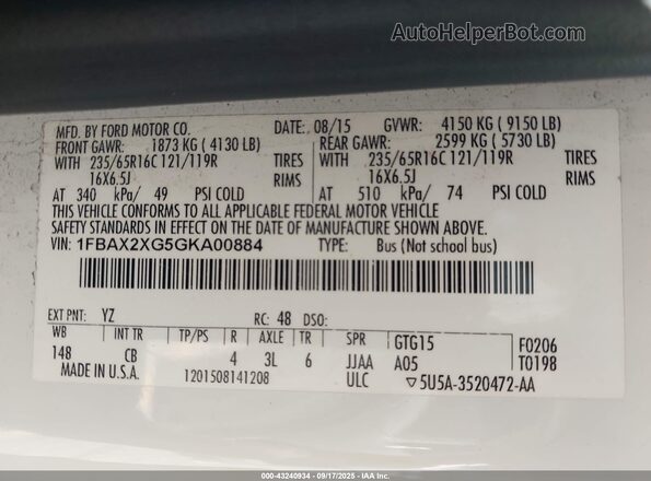 1FBAX2XG5GKA00884 2016 FORD TRANSIT-350 White Widok komory silnika