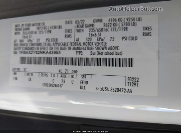 1FBAX2Y82NKA43955 2022 FORD PASSENGER White Widok komory silnika