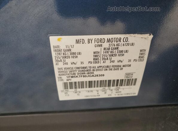 1FM5K7F80JGA28309 2018 FORD FORD EXPLORER Blue Вид наклейки з VIN-кодом