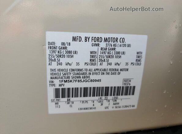 1FM5K7F85JGC80945 2018 FORD FORD EXPLORER Cream VIN კოდის სტიკერის ხედი