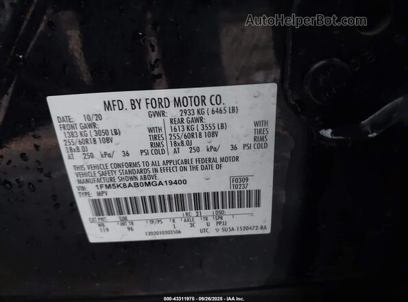 1FM5K8AB0MGA19400 2021 FORD POLICE INTERCEPTOR Черный Вид подкапотного пространства