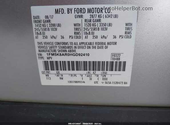 1FM5K8AR0HGD92410 2017 FORD POLICE INTERCEPTOR Silver Widok komory silnika