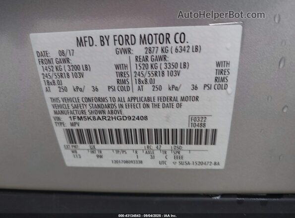 1FM5K8AR2HGD92408 2017 FORD POLICE INTERCEPTOR Silver Vista del compartimento del motor
