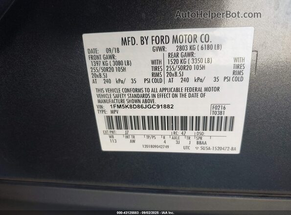 1FM5K8D86JGC91882 2018 FORD FORD EXPLORER Gray Engine compartment view