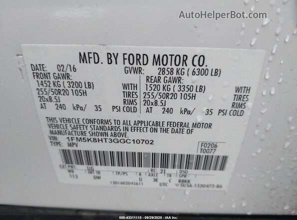 1FM5K8HT3GGC10702 2016 FORD FORD EXPLORER White Engine compartment view