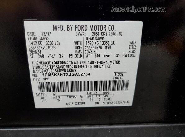 1FM5K8HTXJGA52754 2018 FORD FORD EXPLORER Black Вид наклейки з VIN-кодом