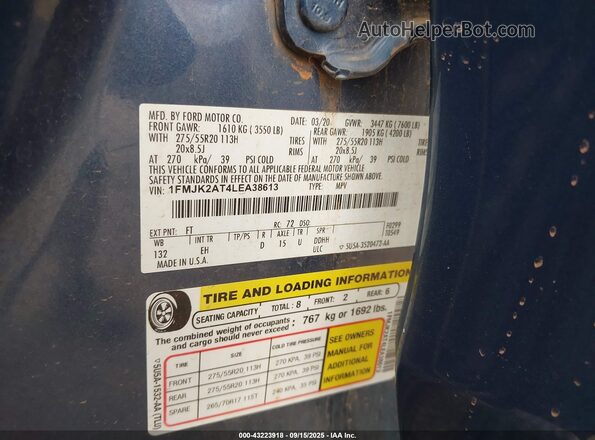 1FMJK2AT4LEA38613 2020 FORD EXPEDITION Blue Vista del compartimento del motor