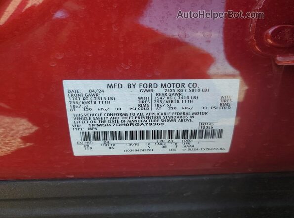 1FMSK7DH0RGA79360 2024 FORD FORD EXPLORER Red Widok naklejki z numerem VIN