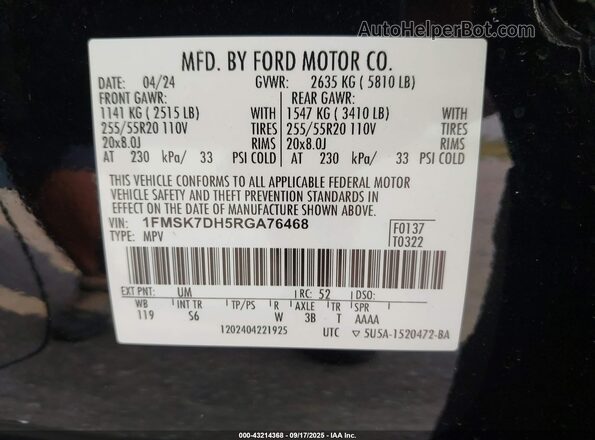 1FMSK7DH5RGA76468 2024 FORD FORD EXPLORER Black Engine compartment view