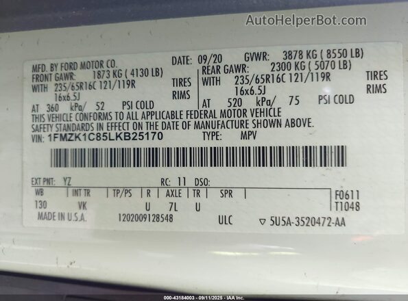 1FMZK1C85LKB25170 2020 FORD PASSENGER White Widok komory silnika