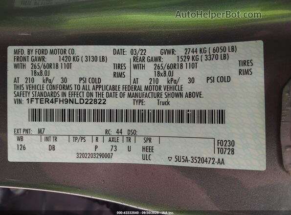 1FTER4FH9NLD22822 2022 FORD RANG Серый Вид подкапотного пространства
