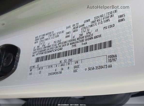 1FTFW1ED8NFC41240 2022 FORD F150 White Vista del compartimento del motor