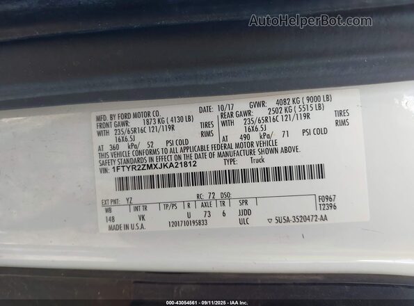 1FTYR2ZMXJKA21812 2018 FORD TRANSIT-250 White Вид підкапотного простору