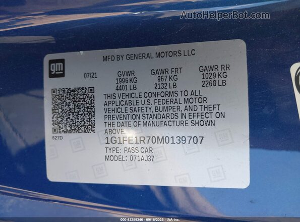 1G1FE1R70M0139707 2021 CHEVROLET CAMARO Синий Вид подкапотного пространства