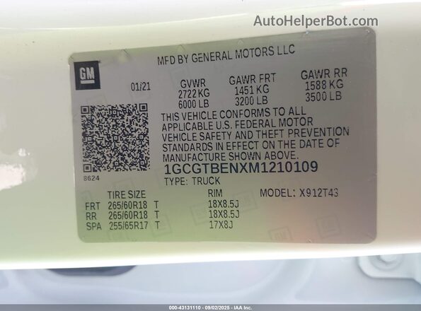 1GCGTBENXM1210109 2021 CHEVROLET COLORADO White Շարժիչի բաժամունքի տեսք