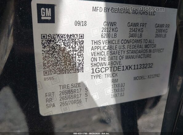 1GCPTDE1XK1133232 2019 CHEVROLET COLORADO Черный Вид подкапотного пространства
