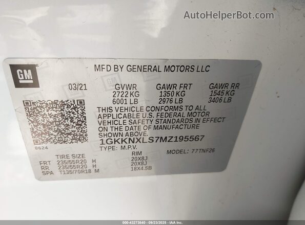 1GKKNXLS7MZ195567 2021 GMC ACADIA Белый Вид подкапотного пространства