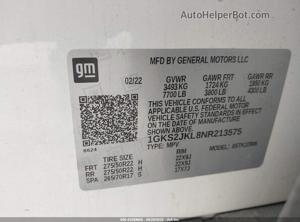 1GKS2JKL8NR213575 2022 GMC YUKON Белый Вид подкапотного пространства
