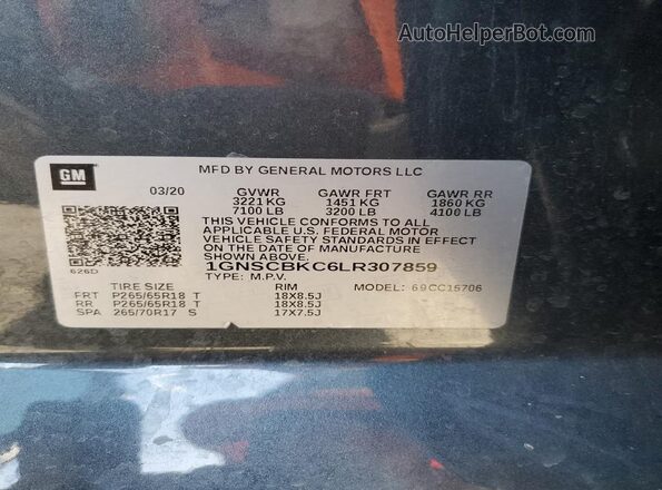 1GNSCBKC6LR307859 2020 CHEVROLET TAHOE Синий Вид наклейки с VIN-кодом