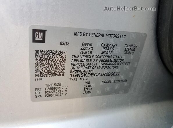 1GNSKDEC2JR296611 2018 CHEVROLET TAHOE Silver Widok naklejki z numerem VIN