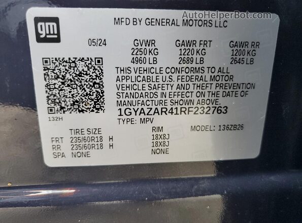 1GYAZAR41RF232763 2024 CADILLAC XT4 Charcoal Widok naklejki z numerem VIN