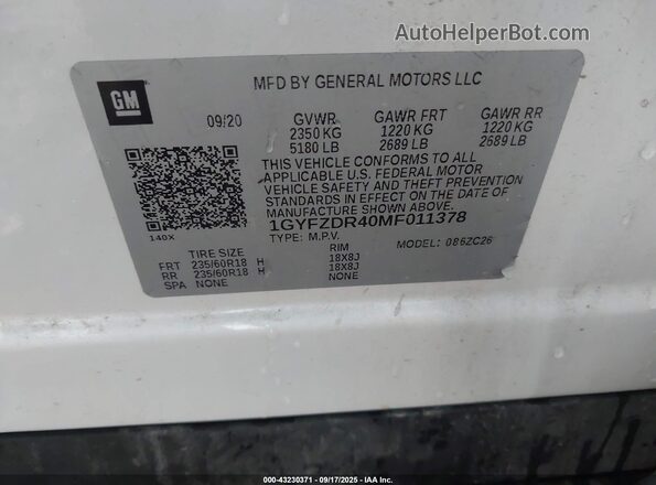 1GYFZDR40MF011378 2021 CADILLAC XT4 Белый Вид подкапотного пространства