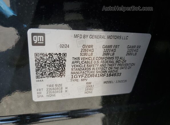 1GYFZDR41RF184933 2024 CADILLAC XT4 Black Widok naklejki z numerem VIN