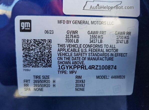 1GYKPPRL4RZ100874 2024 CADILLAC OTHER Blue VIN კოდის სტიკერის ხედი