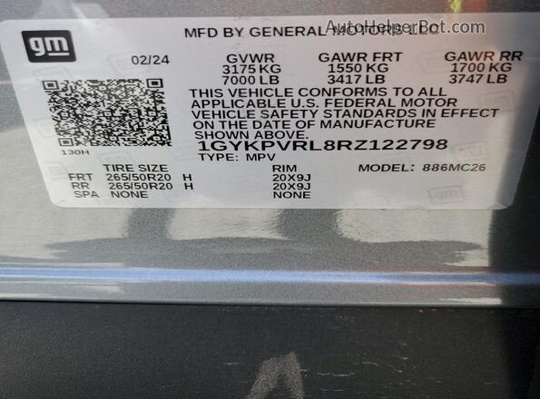 1GYKPVRL8RZ122798 2024 CADILLAC OTHER Silver Vista de la etiqueta del VIN
