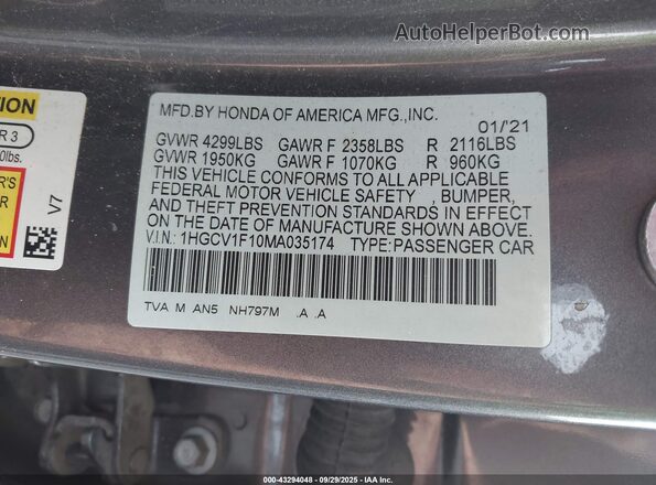 1HGCV1F10MA035174 2021 HONDA ACCORD Серый Вид подкапотного пространства