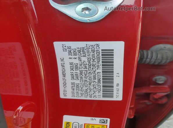 1HGCV2F39MA013178 2021 HONDA ACCORD Red Вид наклейки з VIN-кодом