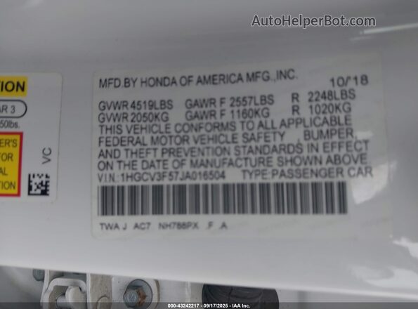 1HGCV3F57JA016504 2018 HONDA ACCORD HYBRID Белый Вид подкапотного пространства