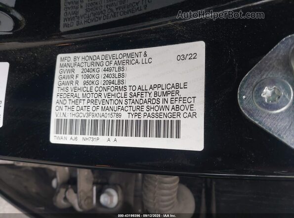 1HGCV3F9XNA015789 2022 HONDA ACCORD HYBRID Черный Вид подкапотного пространства