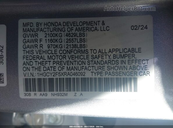 1HGCY2F5XRA046092 2024 HONDA ACCORD HYBRID Silver Вид підкапотного простору