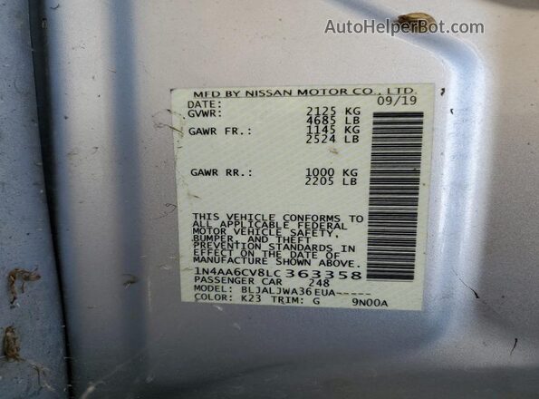 1N4AA6CV8LC363358 2020 NISSAN MAXIMA Silver Հետևի նստատեղերի տեսք