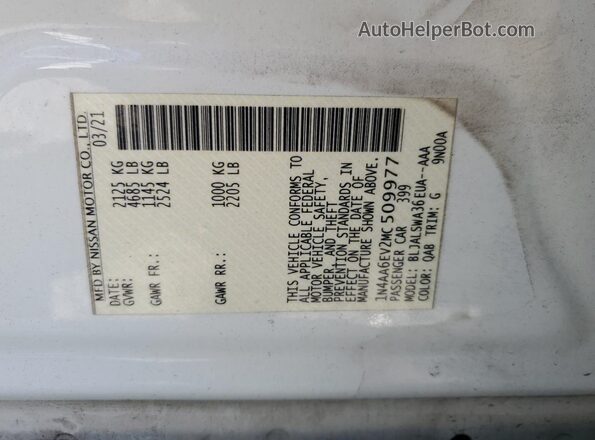 1N4AA6EV2MC509977 2021 NISSAN MAXIMA SR White Widok komory silnika