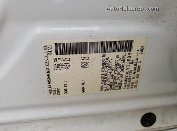 1N4AA6FV1MC511699 2021 NISSAN MAXIMA PLATINUM White VIN კოდის სტიკერის ხედი
