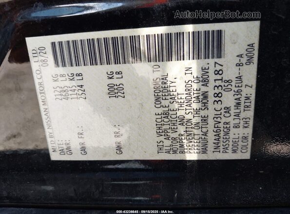1N4AA6FV3LC383187 2020 NISSAN MAXIMA PLATINUM Black Widok komory silnika