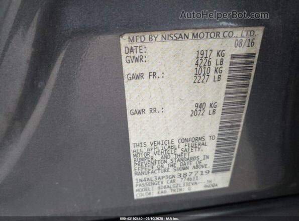 1N4AL3AP3GN387719 2016 NISSAN ALTIMA Gray Vista del compartimento del motor
