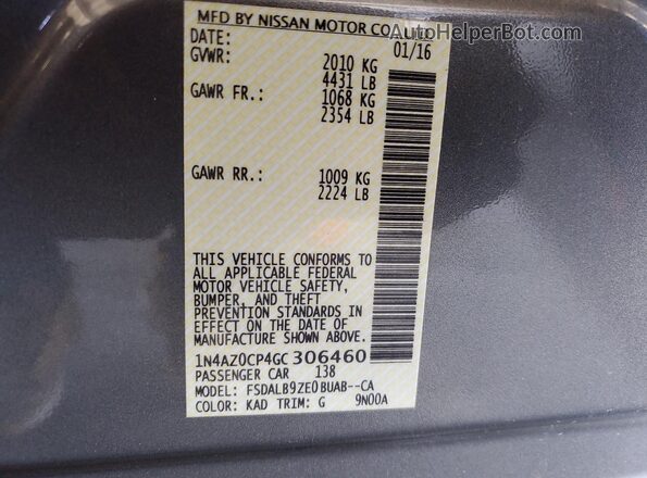 1N4AZ0CP4GC306460 2016 NISSAN LEAF Gray Widok komory silnika