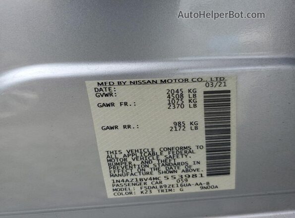 1N4AZ1BV4MC553981 2021 NISSAN LEAF Silver Vista de la etiqueta del VIN